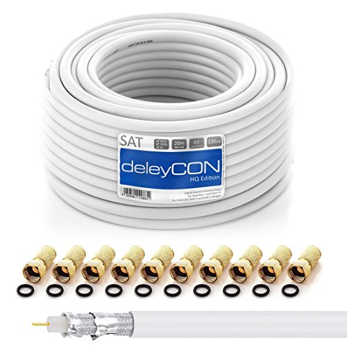 deleyCON HQ 20m Cable Coaxial Sat 130dB Blindado de 4 Capas DVB-S+S2 DVB-T DVB-C Cable de Banda Ancha 4K 1080p Full HD HDTV 10 Conectores F Dorados