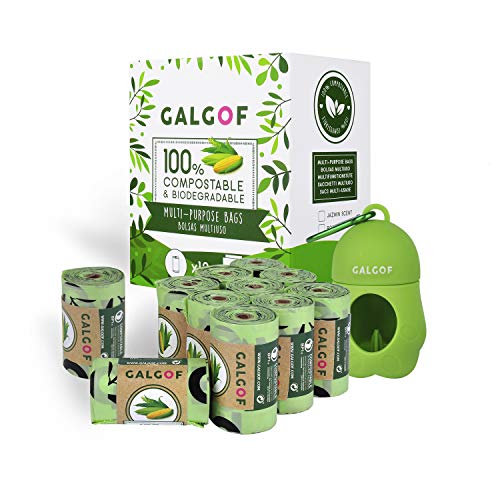 GALGOF Bolsas de Basura higiénicas y biodegradables para Perro + Dispensador. 10 Rollos perfumados, compostables y ecológicos para residuos y excrementos de Mascotas (180 uds)