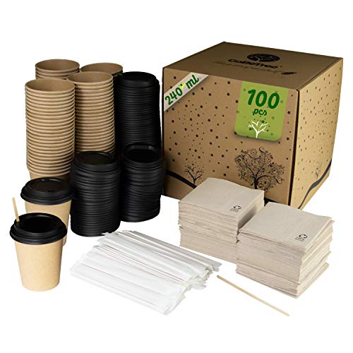 GoBeTree 100 Vasos de café Desechables de 240 ml Kraft con PLA para Llevar con Tapa, agitadores de Madera en Funda de Papel para café y servilletas recicladas.