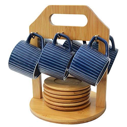 Hogar y Mas Juego de café Moderno, con Tazas Azules y Platos de bambú, con Soporte de bambú para Cocina
