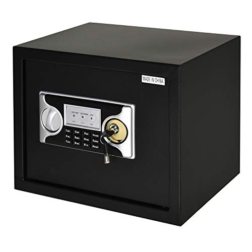 HOMCOM Caja Fuerte Electrónica Sólida Caja de Seguridad con Llave 2 Códigos para Casa Oficina Capacidad de 27 L Acero 38x30x30 cm Negro