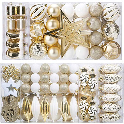 Juego de 88 bolas de Navidad en oro y blanco, varios colgantes, bolas irrompibles, juego de decoración, decoración temporal con cajas de regalo reutilizables, ideal para Navidad