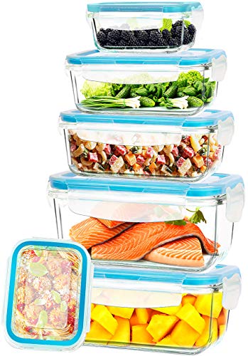 KICHLY - Recipientes de vidrio para comida - 12 piezas (6 envases, 6 tapas de cierre) - Apto para lavavajillas, microondas y congelador - a prueba de fugas y sin BPA - Aprobado por la FDA y el FSC