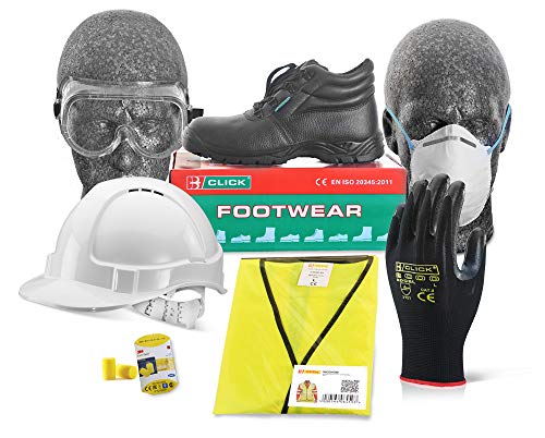 Kit de seguridad completa para trabajo/comercio. Chaleco extragrande, tamaño 09, botas, casco, gafas, máscara, guantes, tapones para los oídos. Certificado y calidad comprobada.
