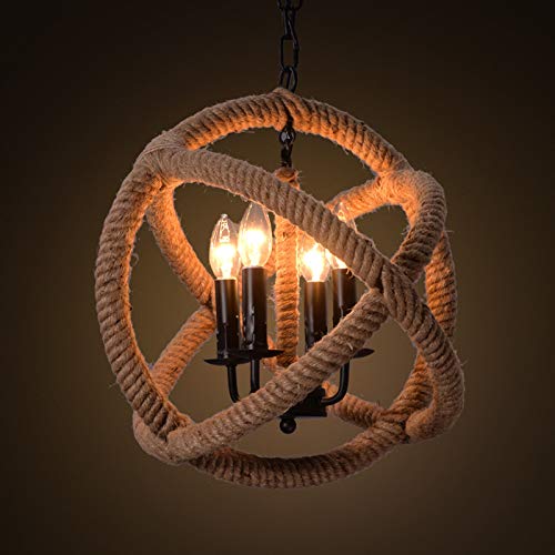 Lámpara Colgante esférico, Clásico Retro Colgante, Rural Araña de luces Industrial Lámpara de araña de cuerda vintage, Lámpara de techo Lámpara colgante de cuerda de cáñamo E14 Sin fuente de luz,45cm