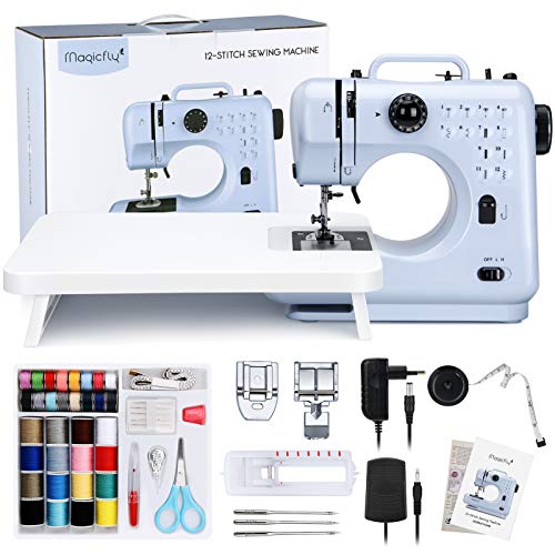 Magicfly Máquina de coser Portátil, Mini Máquinas de Coser con 12 Tipos de Puntadas para Principiantes Niños, Fácil de Usar, Máquina de Coser Eléctrica con Mesa de Extensión, Kit de Costura, Azul