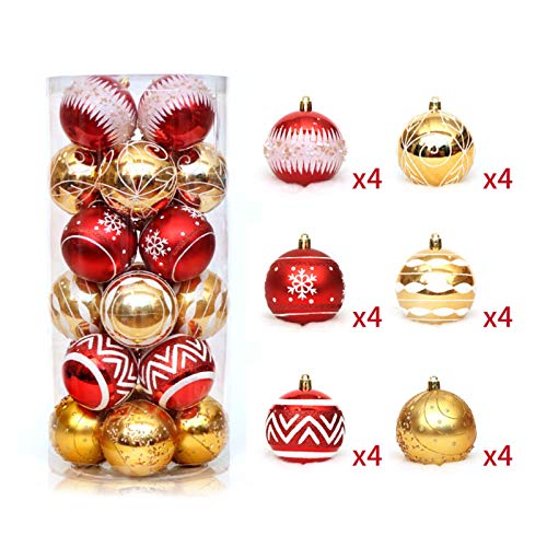 Manyao - Lote de 24 bolas de Navidad para decoración de árbol de Navidad, 6 cm (rojo + oro)