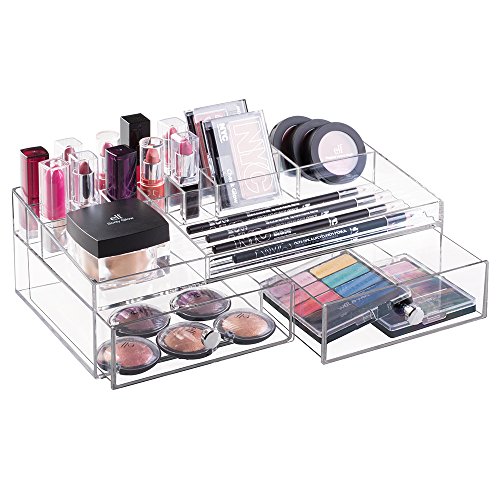 mDesign Organizador de cosméticos transparente – Caja para maquillaje y productos de belleza con compartimentos y dos cajones extraíbles – Gran capacidad de almacenaje