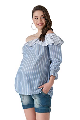 M.M.C. Blusa Volant sin hombros, a rayas, para embarazadas, moda de circunstancias, blusa para el tiempo libre para el embarazo azul 46