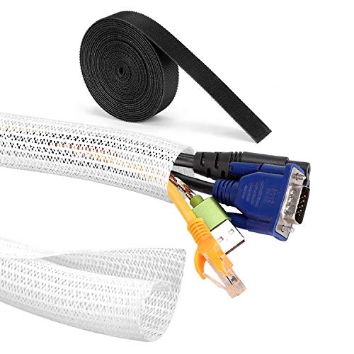 MOSOTECH Organizador Cables, 2 X 1.5m Cubre Cables Expandible con Corte Fácil Negro Bridas, Organizador de Cables Mesa a Prueba de Polvo para Office y PC Escritorio (3,2m-13mm, Blanco)