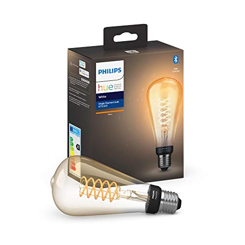 Philips Hue Bombilla Inteligente LED E27, 7W, forma pera, con Bluetooth, Filamento, Luz Blanca Cálida, Compatible con Alexa y Google Home