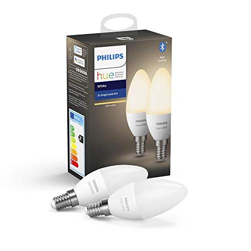 Philips Hue Pack de 2 Bombillas Inteligentes LED E14, con Bluetooth, Luz Blanca Cálida, Compatible con Alexa y Google Home
