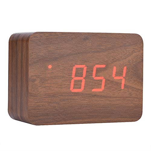 Reloj Despertador Reloj Digital Reloj electrónico de Madera con Pantalla LED de Temperatura Reloj de cabecera con Control de Sonido(Madera marrón + luz roja)