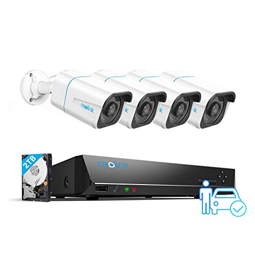 Reolink 4K PoE Sistema de Cámara de Seguridad Ultra HD, Detección de Personas y Vehículos, 4pcs 8MP Cámaras IP PoE Exterior y 8 Canales 2TB HDD NVR, Grabación Continua, Visión Nocturna, RLK8-810B4-A