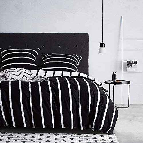 Ropa de cama de 135 x 200 cm en blanco y negro a rayas, 2 piezas, funda nórdica de dos piezas con cremallera, diseño geométrico, microfibra, ropa de cama reversible para jóvenes y jóvenes