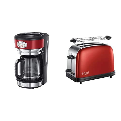 Russell Hobbs Retro - Cafetera de Goteo (Jarra Cafetera para 10 Tazas, 1000 W, Acero Inox, Rojo) - ref. 21700-56 + Colours Plus 23330-56 – Tostadora