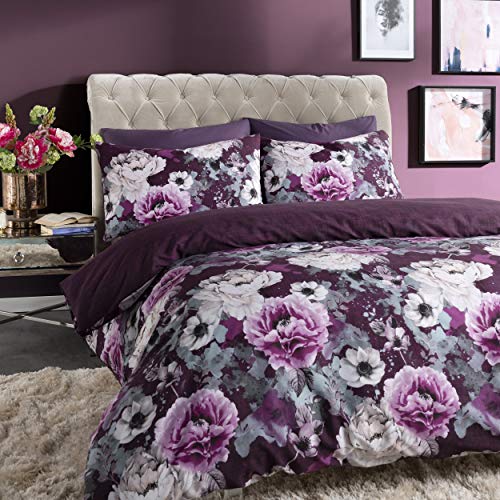 Sleepdown Inky - Funda de edredón Reversible, diseño Floral, Color Azul, algodón poliéster, Morado, Matrimonio