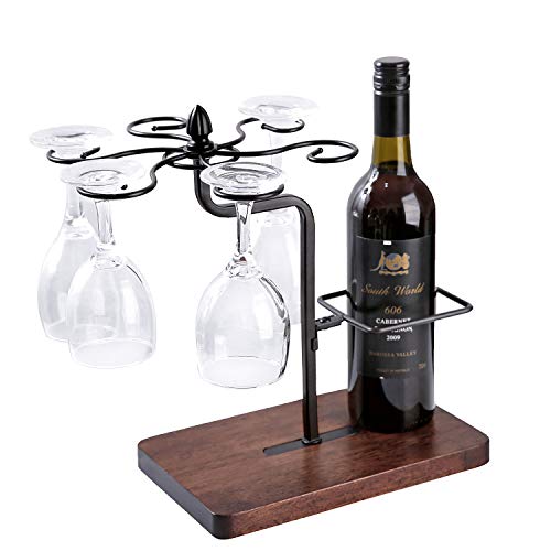 Soporte para copas de vino con soporte para botellas de vino, de metal y madera maciza, para 1 botella y 6 copas de vino, botellero, decoración, regalo de cumpleaños
