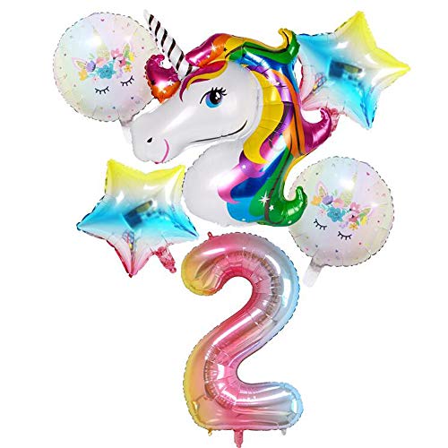 SUNSHINETEK Paquete de Unicornio para el Segundo cumpleaños Baby Girl 2 Decoraciones de cumpleaños 32 Pulgadas Número 2 Globos con Cabeza de Unicornio Globo de Papel de Aluminio para Suministros
