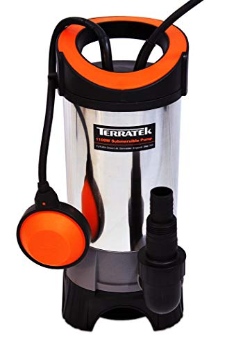 Terratek - Bomba sumergible (acero inoxidable, 1100 W, máx. 15000 l/h, hasta 35 mm, interruptor flotador ajustable, incluye conector universal y ángulo de 90°)