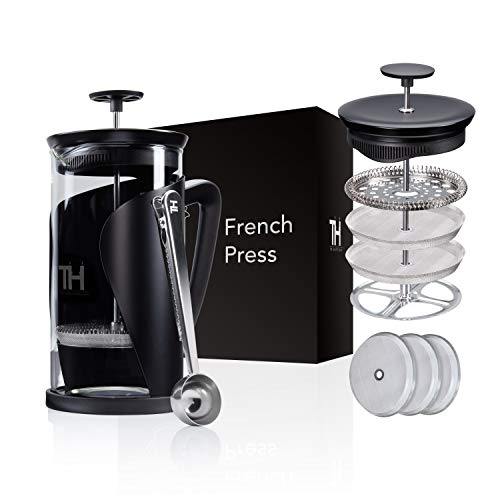 Thiru French Press - Cafetera de émbolo con sistema de filtro 4D, acero inoxidable y cristal (1 L)