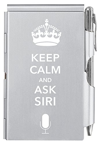 Troika Keep Calm and ASK Siri Flip Notes - Estuche de metal con bloc de notas y bolígrafo, color plateado