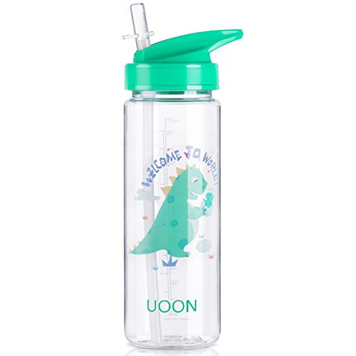 UOON Botella de Agua para Niños de 950ml Reutilizable Tritan de Plástico Sin BPA Botella Infantil con Pajita a Prueba de Fugas para Colegio,Viaje,Deporte (Verde)