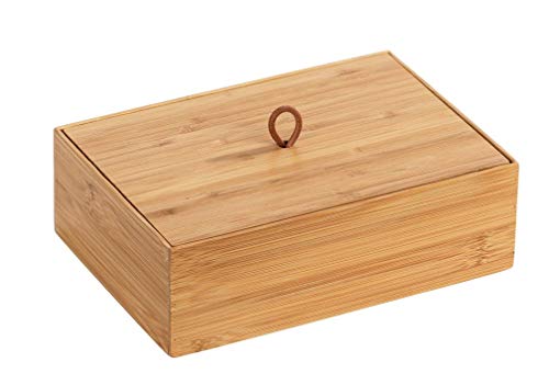 WENKO Box con tapa de bambú Terra L - Caja de almacenaje, cesta para el baño, Bambú, 22 x 7 x 15 cm, natural