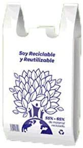 YMBERSA Bolsa Camiseta Reutilizable desechable Greenatur Grande (48 x 59 cm) para Comercio Tiendas. Plástico Reciclado 65%. Apta Uso alimentario. Color Blanco. Caja 1.000 Ud (10 pq x 100 ud)