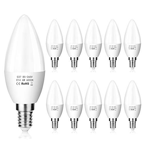 ZIKEY Paquete de 10 bombillas LED E14, 6 W (equivalente a 50 W) C37 de rosca Edison pequeña, color blanco frío, 600 lúmenes, no regulables