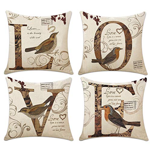 4 Pack Fundas de Cojín, Hotipine Algodón Lino Decorativa impreso Caso de Almohada para Sofá Coche Cama Sillas Decoración 45 x 45 cm (18 x 18") - LOVE