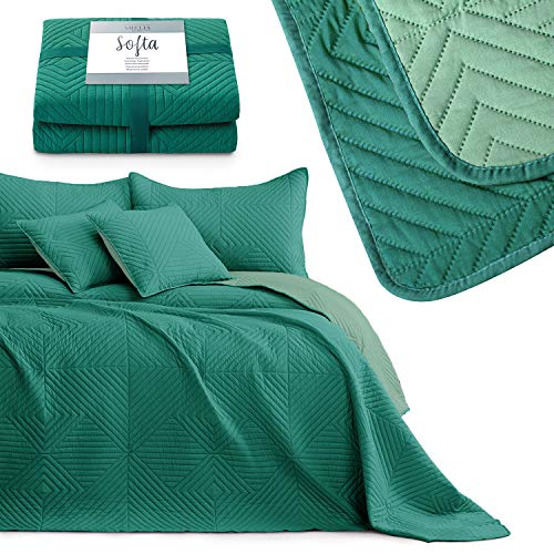 AmeliaHome Colcha de cama, color verde claro y verde oscuro, 240 x 260 cm, reversible, ultrasónico, pespunte de poliéster Softa