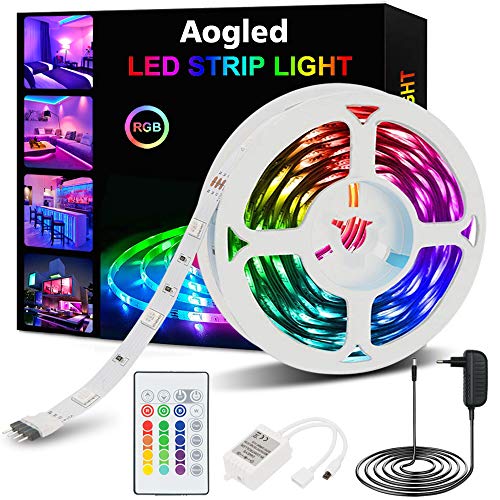 Aogled Tira LED,Luces LED RGB 5m kit 5050 LED con Control Remoto de 24 botones y 16 variaciones de color,Tiras LED para sala de estar, dormitorio, techo y decoración de interiores