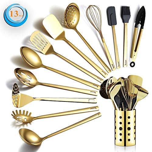 Berglander Juego de utensilios de cocina de acero inoxidable dorado, 13 piezas, juego de cucharas de cocina de titanio chapado en oro con soporte para utensilios, apto para lavavajillas