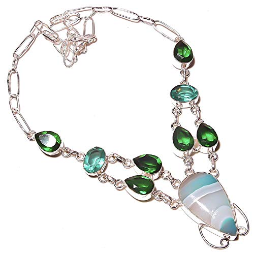 Botswana Agate, Topaz and Chrome diopside Quarz NECKLACE 18" Long HANDMADE Sterling Silver Plated Ethnic Wear Jewelry All Occasions