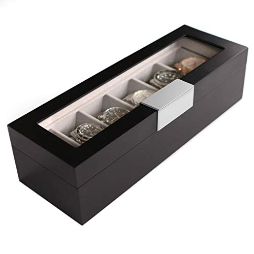 Caja de Relojes Moderna de Color Negro de 6 Compartimientos con Clip de Metal y Exhibidor de Vidrio Real de Case Elegance