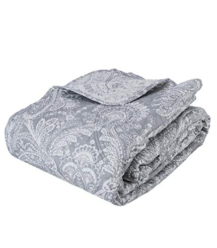 Conjunto de colcha de cama acolchada con 2 fundas de cojines - Talla grande - Estilo Encanto - Color: Gris y Blanco.