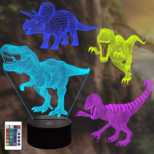 CooPark 3D LED Dinosaur Night Light 4 estilo de dinosaurio y 16 colores que cambian la lámpara de decoración con control remoto para niños niñas niños bebé decoración del hogar regalo