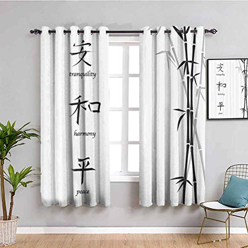 Cortina opaca de bambú para decoración de la casa, ilustración de símbolos chinos para la tranquilidad, armonía paz con bambú patrón traer belleza gris carbón blanco W72 x L72 pulgadas