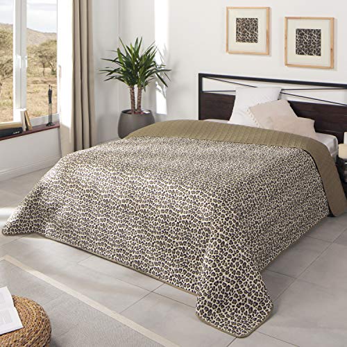 Delindo Lifestyle Colcha para cama de matrimonio, diseño de leopardo, color beige y marrón, estampado de leopardo, para dormitorio, 220 x 240 cm