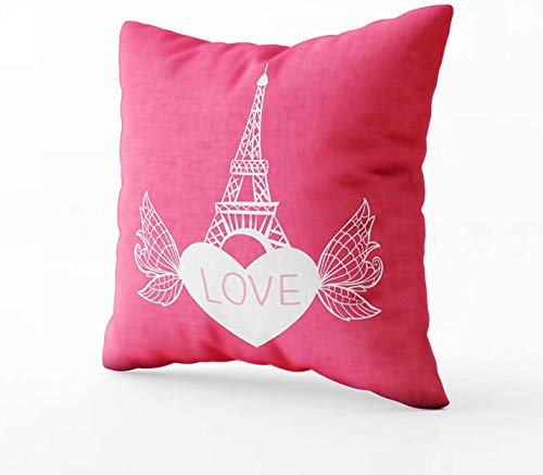 Funda de almohada de 50,8 x 50,8 cm, diseño de corazón de París con alas de fantasía, tinta blanca, decoración de vectores aislada sobre fondo rosa, con inscripción escrita a mano, funda de almohada