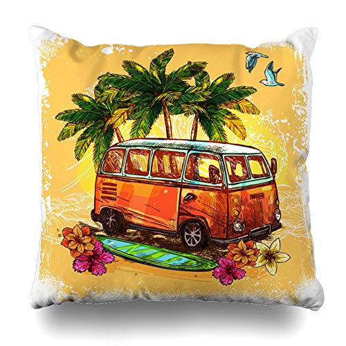 Funda de Almohada Decorativa Car Van Surf Hippy Vintage Old Bus Rasta Abstract Hippie Beach Doodle Sketch Board Bright Home Decor Funda de Almohada Funda de cojín Cuadrado 18x18 Pulgadas