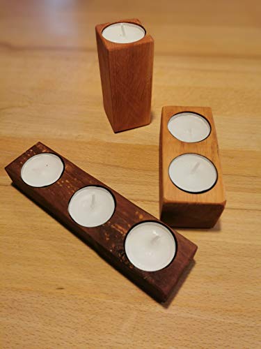 Generisch Candelabro de madera de aliso, hecho a mano, 3 piezas en juego para 6 velas de té, variante oscura