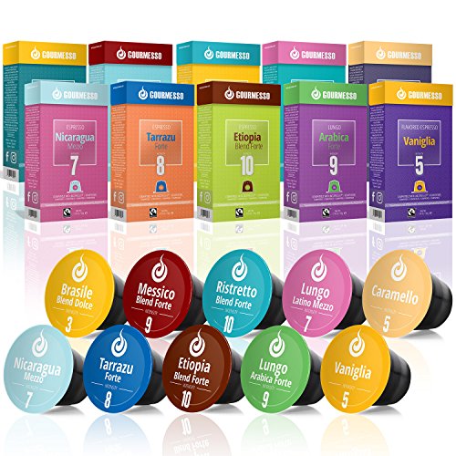 Gourmesso Test Box - 100 Cápsulas de café compatibles con Nespresso - Comercio justo- 10 variedades diferentes en la práctica caja de degustación