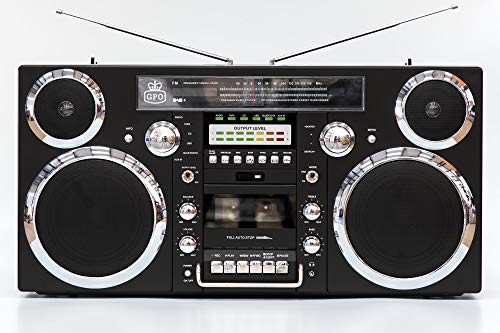 GPO Brooklyn Altavoz portátil con diseño de los 80 - Reproductor de CD, casete, radio FM y DAB+, USB, Altavoz Bluetooth inalámbrico - Negro