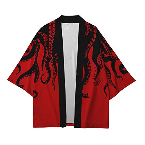 HENGX Hombres Kimono Cárdigan Chaqueta,Kimono Dibujos Animados para Hombres Y Mujeres Camisa Talla Grande con Estampado Pulpo Creativo Ropa Tradicional Japonesa,Red-XS