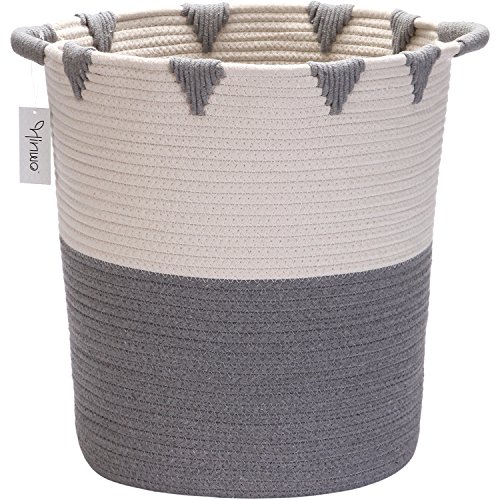 Hinwo Cesta de almacenamiento de cuerda de algodón plegable, cesta para la colada, cesta de almacenamiento para guardería, contenedor con asas, 40 x 30 cm, color blanco y gris blanco HWLH0001A