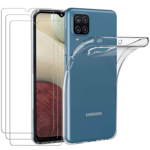 ivoler Funda para Samsung Galaxy A12 / M12 + 3 Unidades Cristal Templado, Transparente TPU Silicona Anti-Choque Anti-arañazos [Carcasa + Vidrio Templado] Protector de Pantalla y Caso