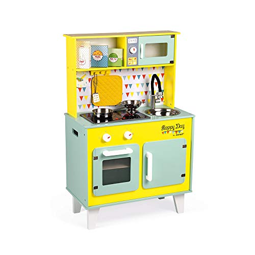 Janod - J06565 - Cocina Happy Day de madera con nevera y microondas, 7 accesorios incluidos, sonido y luz, color azul y amarillo, juego de simulación para niños a partir de 3 años