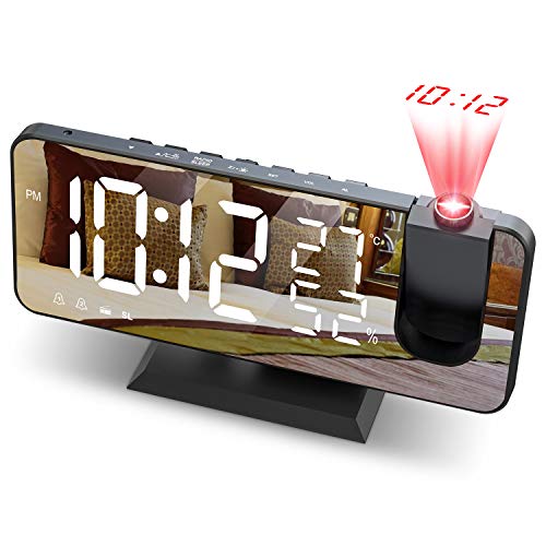 JIGA Despertador Digital Radio FM Despertador Proyector 180° con 7" Pantalla LED de Espejo Puerto USB Alarma Doble 4 Niveles Snooze de Brillos Reloj Despertador Digital para Cocina,Dormitorio,Oficina